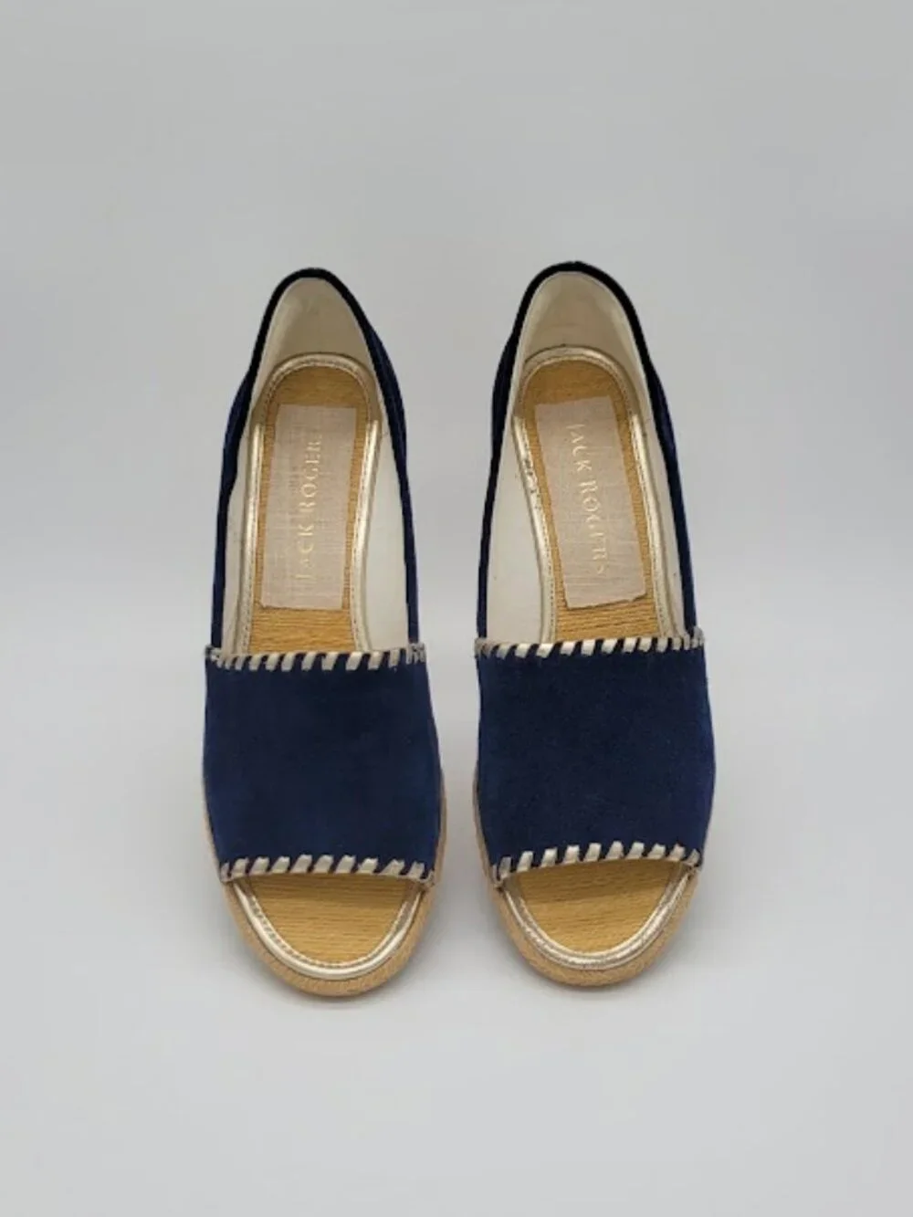JACK ROGERS Palmer Wedge Espadrille Women’s Size 9.5 Navy Blue Suede Peep Toe